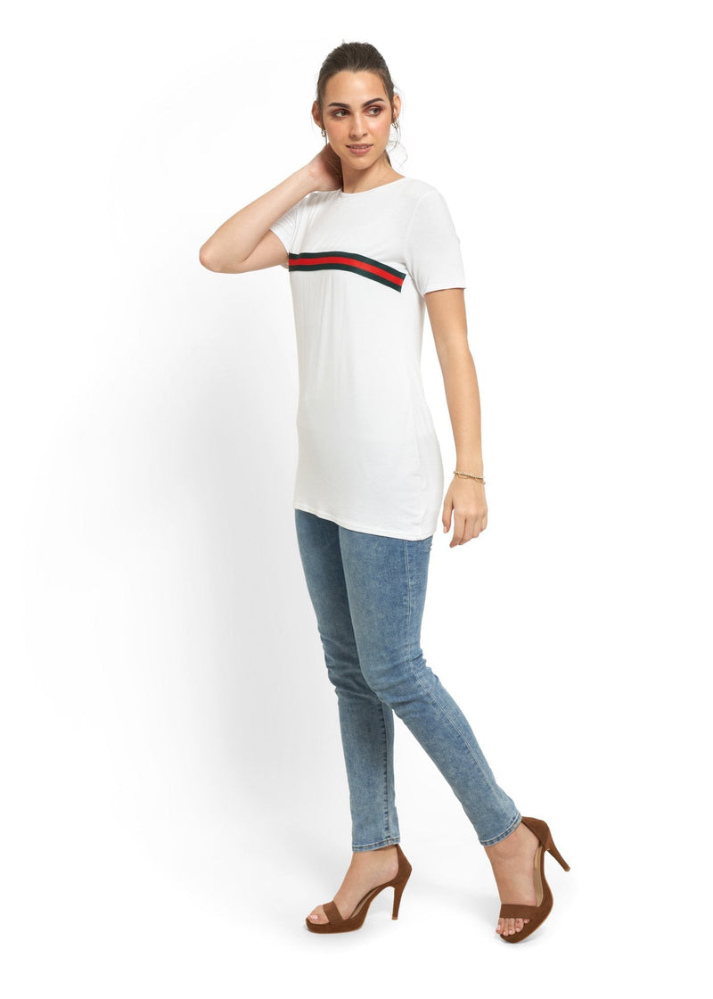 Stripe Detail Long T-Shirt in White
