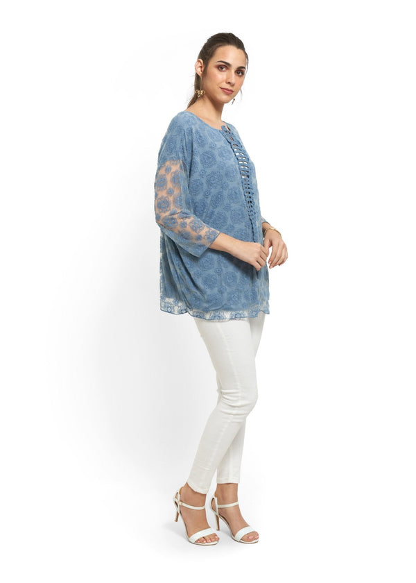 Sheer Embroidered Top in Blue