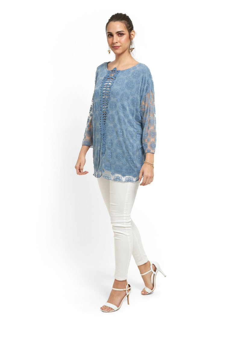 Sheer Embroidered Top in Blue
