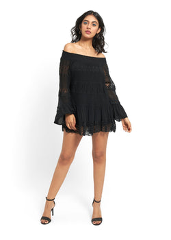 Crochet And Lace Bell-Sleeved Top In Black