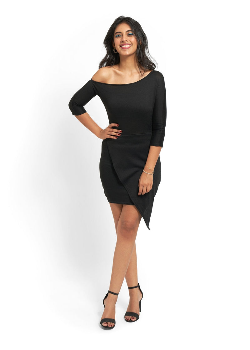 Off-Shoulder Asymmetric Dress in Black