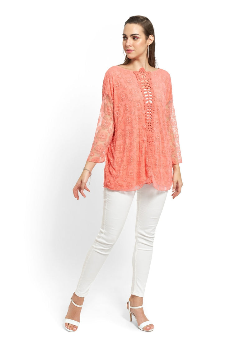 Sheer Embroidered Top in Peach