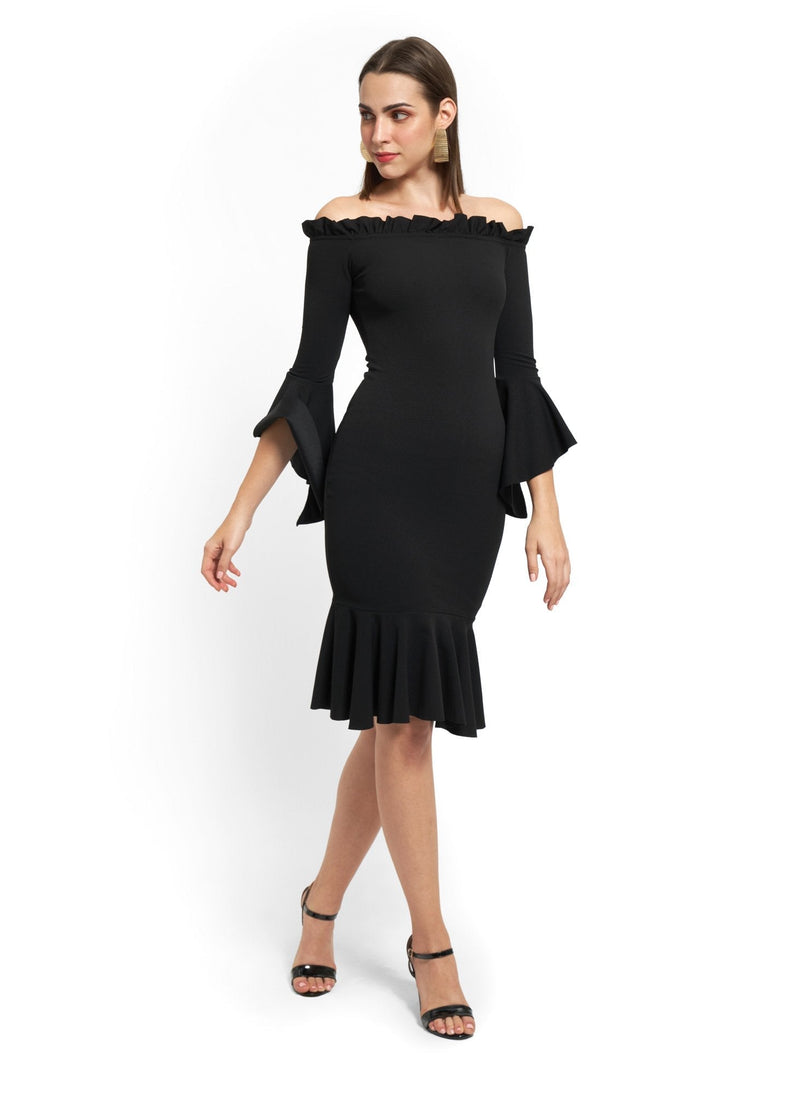 Off-Shoulder Bell Sleeve Dress in Black