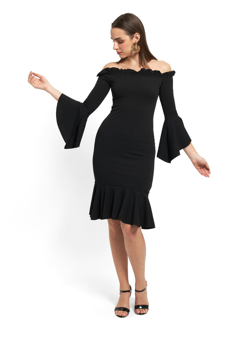 Off-Shoulder Bell Sleeve Dress in Black