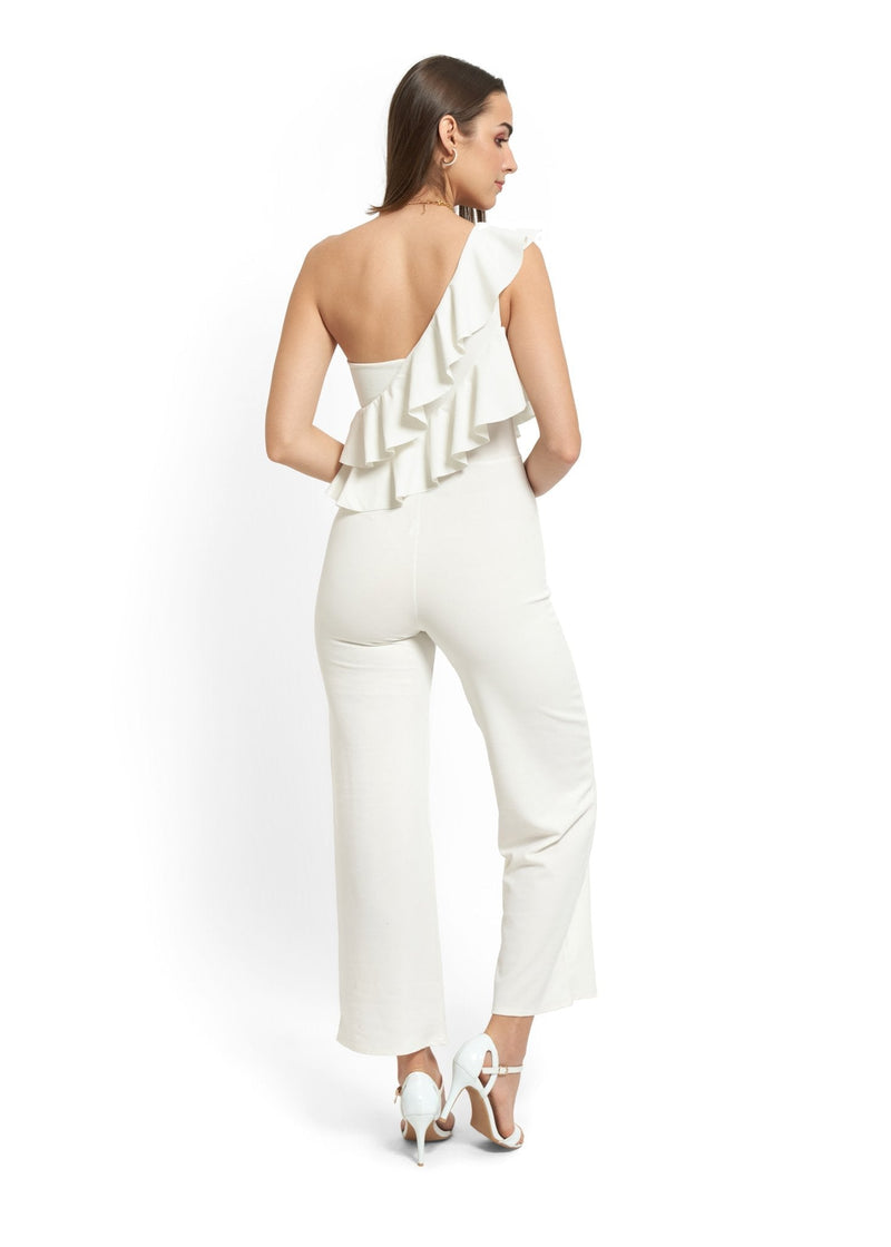 White One-Shoulder Ruffle Jumpsuit