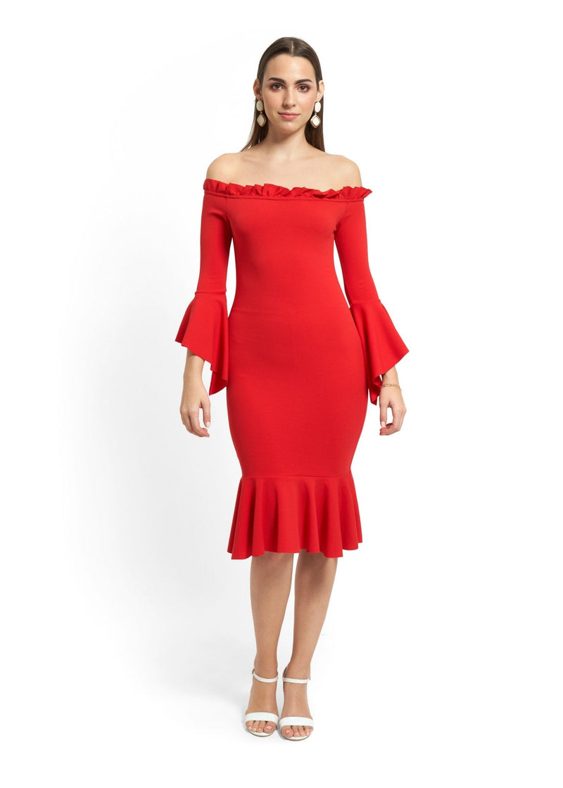 Off-Shoulder Bell Sleeve Dress in Red