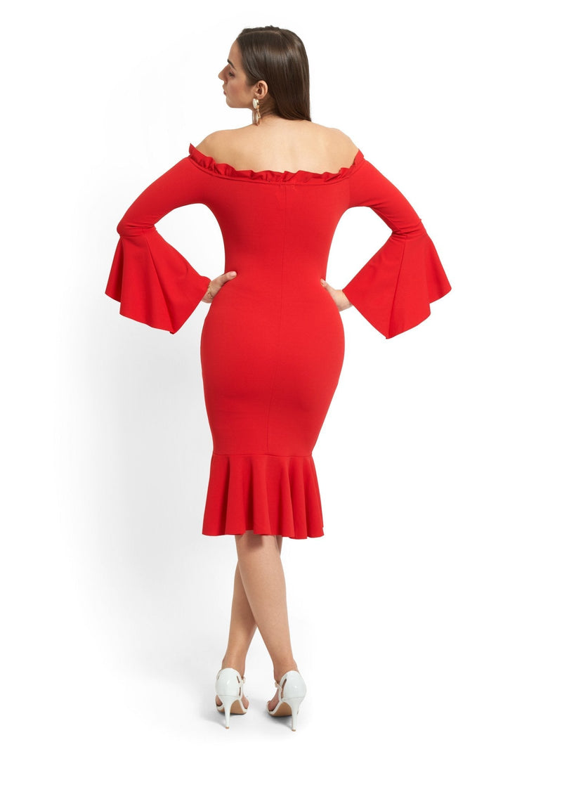 Off-Shoulder Bell Sleeve Dress in Red