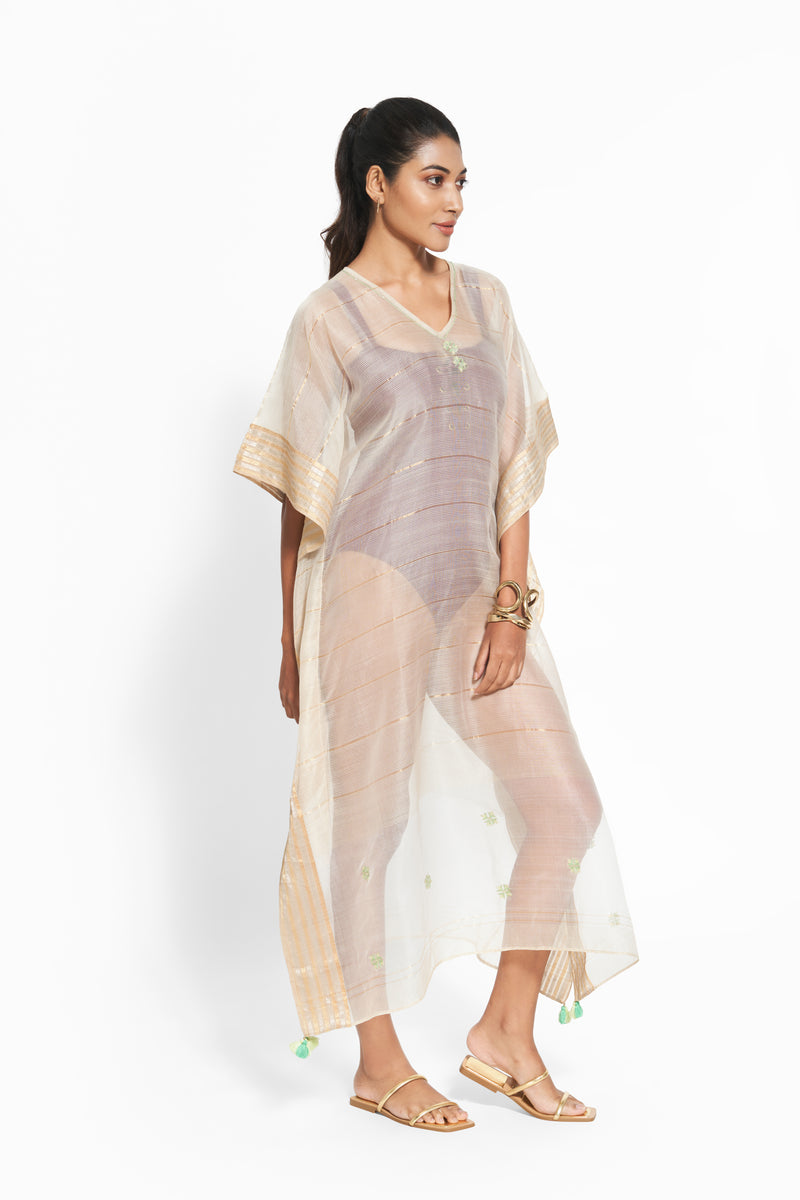 Chanderi Kaftan with White & Gold Embroidery