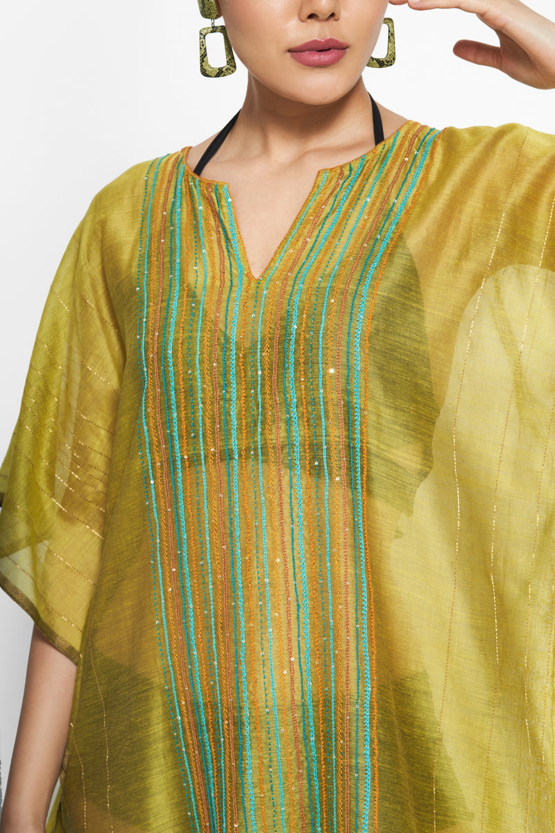 Chanderi Kaftan in Green with Vertical Embroidery