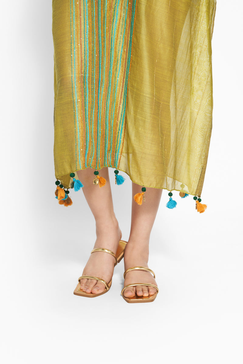 Chanderi Kaftan in Green with Vertical Embroidery